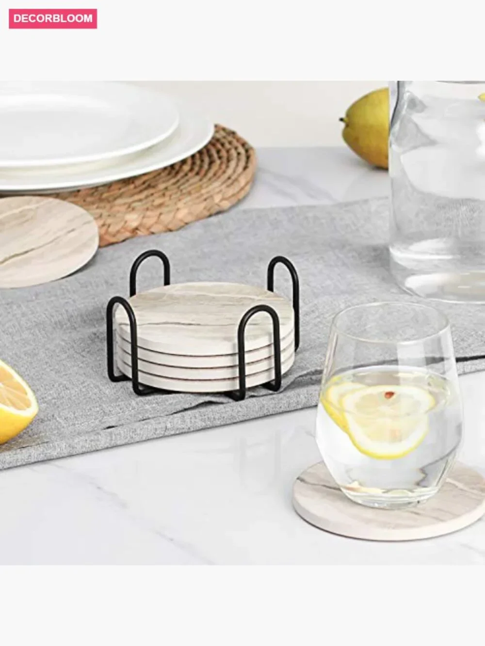 Set of 6 Absorbent Stone Coasters with Holder - Home Decor